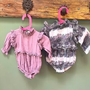 Kate Quinn‎ Baby Romper Set 6-12m Purple and Purple Floral Ruffle Organic Cotton